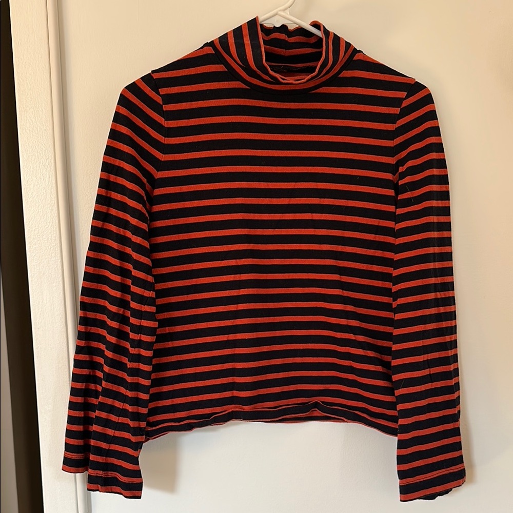 Madewell Striped Turtleneck with Bell Sleeves in Brick Red & Black
